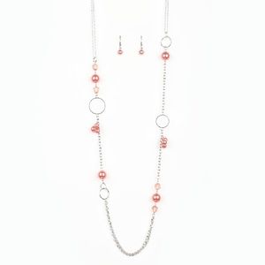 Silver Hoop Living Coral Beaded Necklace/Earrings